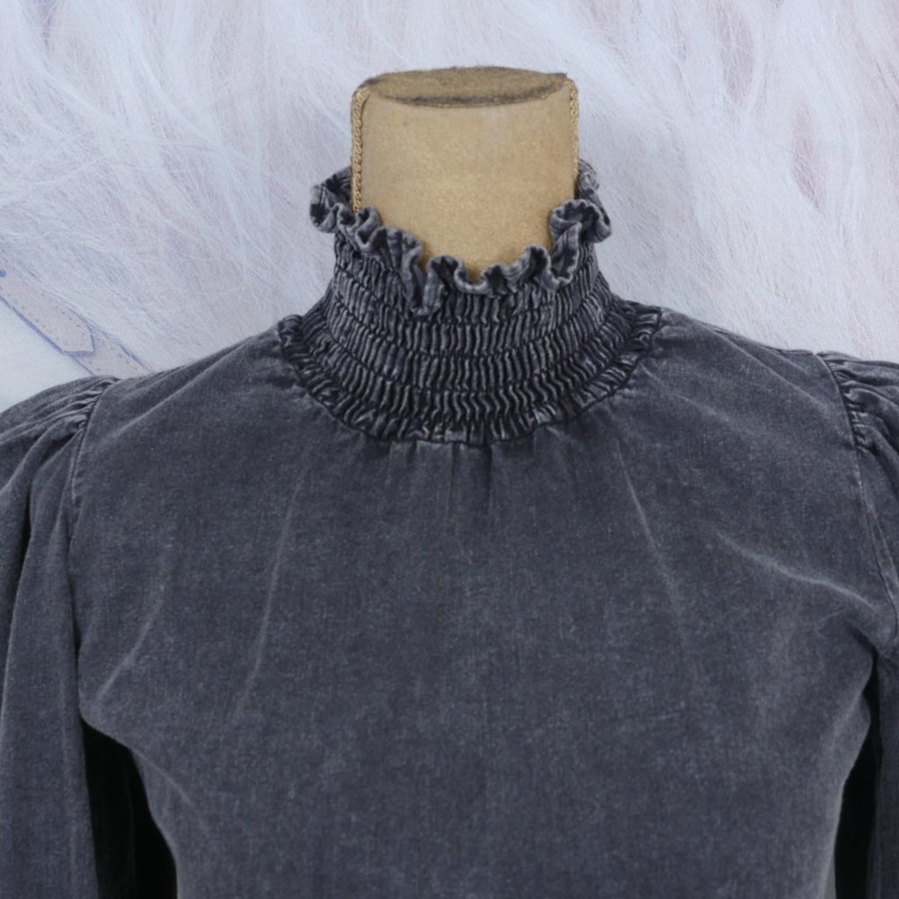 Zara "The 80's Collection" Black Acid Washed High Neck Puff Long Sleeve S XS Top - Picture 3 of 10